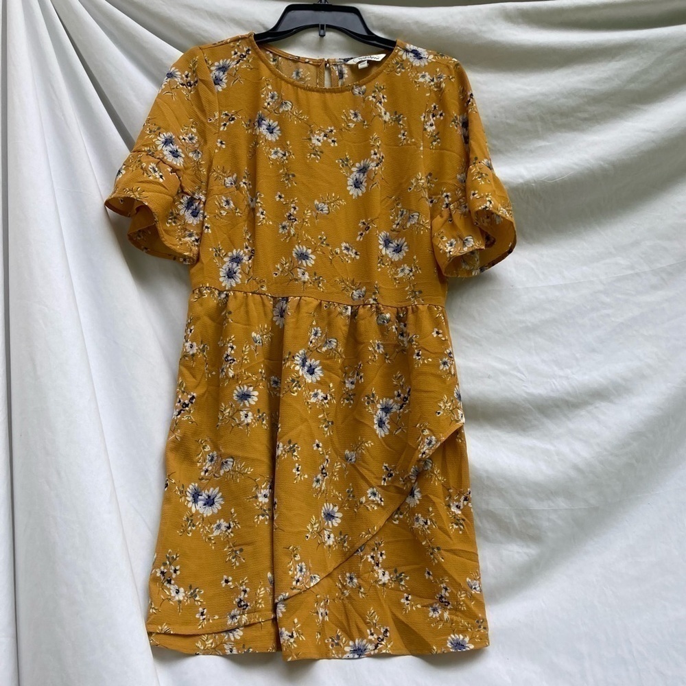 Speechless Mustard Floral Short Sleeve Dress, Size XL